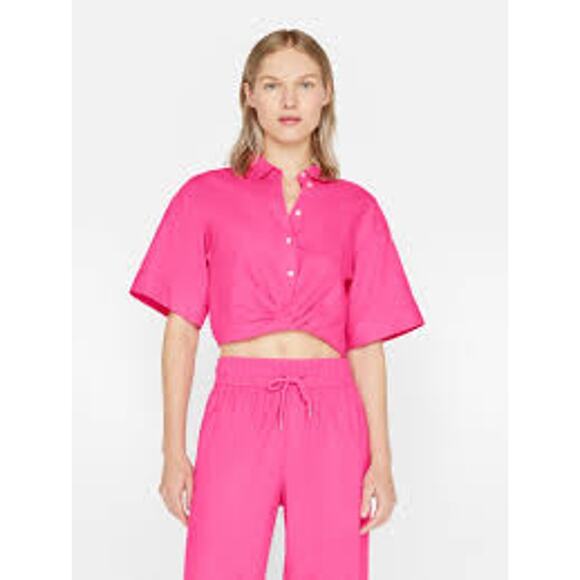 FRAME Denim Cropped Twist Front Shirt Linen Pink Flamingo LWSH2828-FLAM Small S - Picture 4 of 8